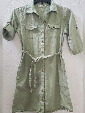 Speed Limit MPH Light Sage Green Button-Front Girls Dress with Waist Tie 10 year